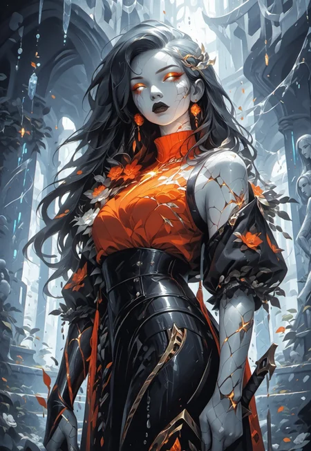 ((zPDXL3)), (score_9), (score_8_up, score_7_up), knva, L0LSPL4SH, year2024, year2023, West Studio, sixmorevodka, g0thicPXL, glowing, neon, HD Eyes, masterpiece, best quality, highly detailed, intricate details, extremely detailed, smooth lines, masterpiece, no text, quality highlights, 8k detail, detailed background, pastel colors, high contrast,expressiveh
BREAK,
Character: 1woman, solo, GenasiEarth, (metal skin), (marble skin, stone skin), (stone inclusions, gems inclusions, gems hair, glowing cracks), white eyes, white sclera, pupilless eyes, black hair, long hair, black lips, reflective skin, chrome skin, toned, muscular,
Clothing: Sleeveless, Yellow and Red Tunic, Pauldrons, Pelvic Curtain, Thighhigh Boots, Holding sword, 1 sword, giant sword, holding,
Background: underground, colourful, mine, glittering gemstones, prismatic lighting, colourful, bioluminescent, detailed background, artistic and intricate background)
...
<lora:detail-tweaker-XL:2>,
