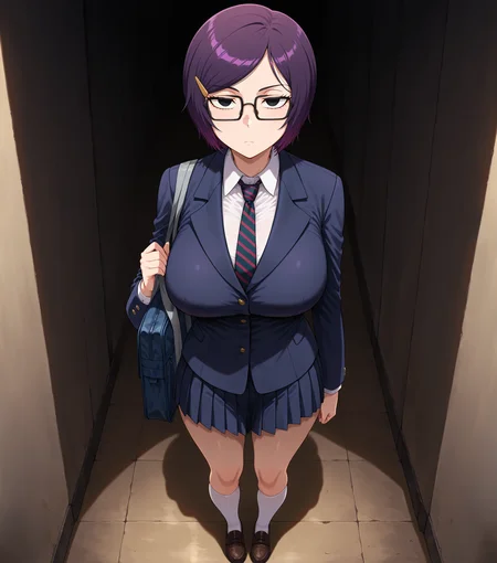 masterpiece, best quality, amazing quality, very aesthetic, absurdres, highres, newest, anime, darkalx, Akane, 1girl, solo, purple hair, black eyes, looking at viewer, short hair, large breasts, hair ornament, school uniform, standing, jacket, full body necktie, glasses, hairclip, kneehighs, frown, blazer, loafers, school bag, striped necktie, dark, aisle, upper body, expressionless, bored