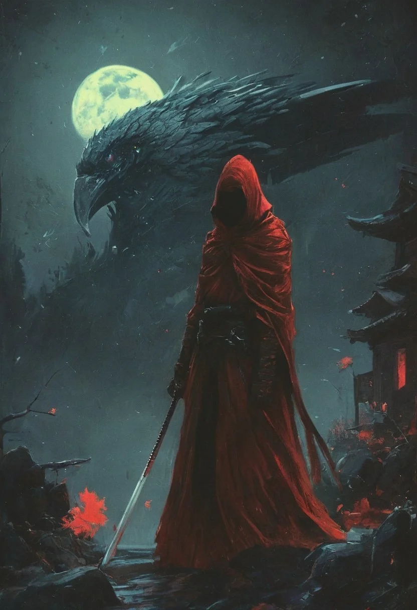 satan monks ronin army ,hundreds, india architecture, strong bright , The neon hues of her aura paint the air, a vivid testament to her inner strength and focus. distant shot, An intense action scene a beautiful japan ninja girl wearing a red hooded cloak and white mask, dark crow standing on her shoulder, 6crow, snow at night, dark lighting, horror, (((hand up))), ((fight))), carrying a katana, sad, cobblestone path with winter and bloody snow, japan vilage, hyper detailed comprobo weapon, holding bloody sword, battoujutsu, ready to draw, sheathed, unsheathing, scabbard, fighting stance, extremely intricate detail character, accurate depiction of character, correct body anatomy, correct hands and fingers, extremely intricate skin and facial texture detail, design, extreme dynamic pose, sfw, sharp background detail, wide shot, intimidating retro 90's, red, black, science fiction, a dark sky lit by the glow of distant moons and neon lights. rockpunk, yoji shinkawa, James Jean, Ayami Kojima, village. colorful (polaroid:0.7) with vibrant colors, (vacations, high resolution:1.3), (small, selective focus, european film:1.2), (sexual advance:1.1), ,end of hopes ,silence, extremely detailed,dark,sad, easy negative, digital artwork by Beksinski, extremely detailed, dark, chiaroscuro, low-key,in the style of Kelly Slater ,style by Kelly Slater,closeup,digital artwork by Beksinski, style of Kelly Slate, human in red robe with cloacked face but the withs of a lacewing bug