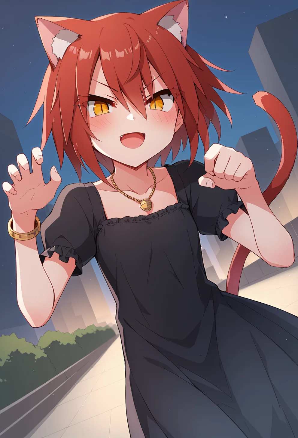 score_9, score_8_up, score_7_up BREAK
source_anime, rating_safe, 5fingers, dutch angle, outdoors, city, night, looking at viewer, paw pose, v-shaped eyebrows, blush, smirk, open mouth, :d, fang, solo, 1girl, eletrasan, red hair, short hair, hair between eyes, bangs, sidelocks, yellow eyes, cat ears, cat girl, cat tail, tsurime, thick eyelashes, slit pupils, long dress, black dress, puffy sleeves, short sleeves, necklace, collarbone, bangle <lora:elena_trafalgarPXL3_epoch_4:1>