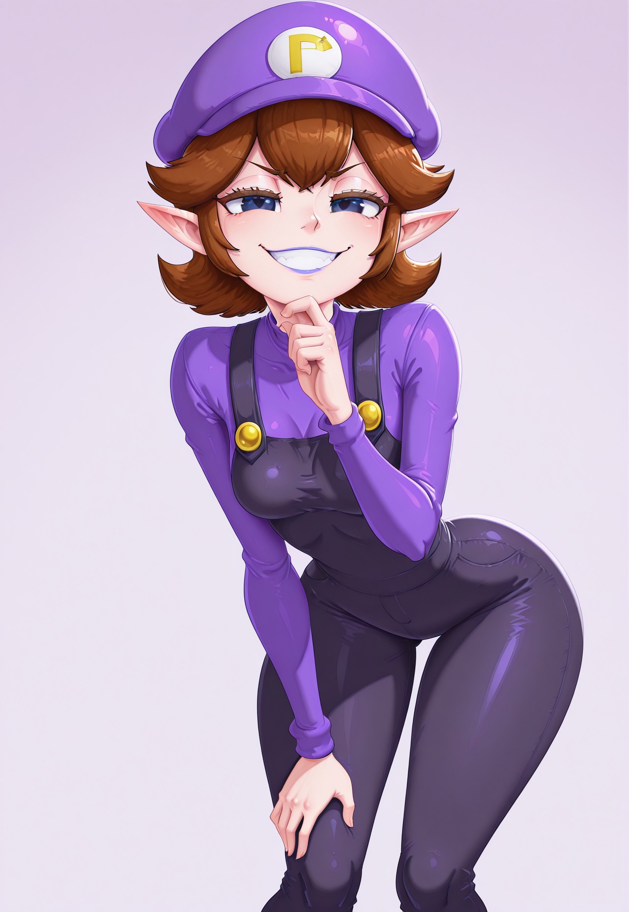 masterpiece, best quality, absurdres, 1girl, Kasniff, Gb_W@luigi, P1umber, purple cap, leaning forward, hand on knee, finger on chin, smug grin