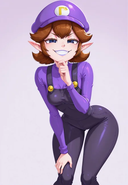 masterpiece, best quality, absurdres, 1girl, Kasniff, Gb_W@luigi, P1umber, purple cap, leaning forward, hand on knee, finger on chin, smug grin
