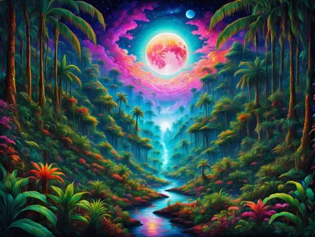 a painting of a tropical jungle colorful psychedelic dreamscape, fantasy magical vegetation, trees, atmospheric cosmic moon night
PsyLand<lora:Psy_Land_XL:0.75>