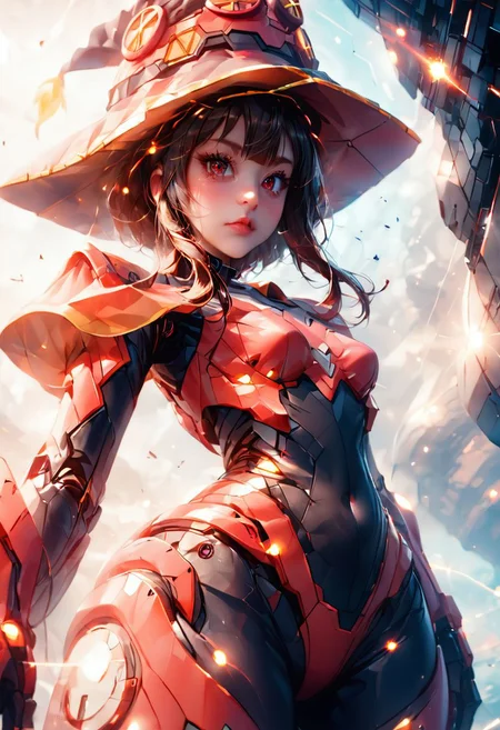 score_9, score_8_up, score_7_up, ((masterpiece)), ((best quality)), 8k, high detailed, ultra-detailed, (((anime))),toon, 1girl, perfect eyes,cinematic ,skin multicolor, lights, 
BREAK,
ultra-detailed, (((Megumin))), witch futuristic hat, 1girl, (((mecha suit red color))), mecha musume, headgear, armor,((Mecha red armor)), menpo, upper body, underboob, portrait, black red armor, colorful, (medium wide shot), (dynamic perspective), sharp focus, (depth of field, bokeh:1.3), extremely detailed eyes and face, beautiful detailed eyes, black gold, trimmed gear, 
((((a massive mecha in a fierce battle with giant monsters in outer space, explosions, laser beams, debris, stars, galaxies, dark space background, dynamic action scene, bright flashes of light, intense energy, futuristic technology, epic scale, vivid colors))))