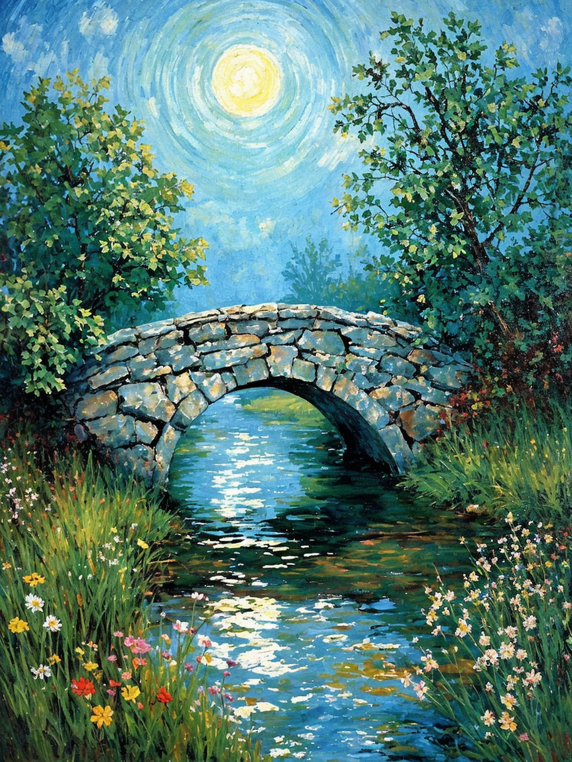renaissance style impressionist painting. moonlight. reflections on water. quaint stone bridge. small stream. wildflowers. asymetric. in the style of Van Gogh