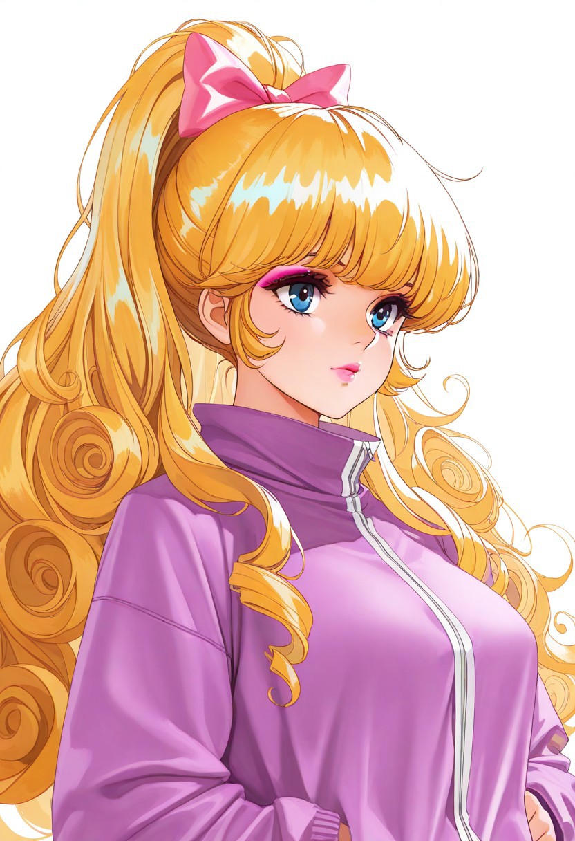 masterpiece, best quality, very aesthetic, absurdres, 
1girl, upper body, solo, video \(jem and the holograms\), retro artstyle, 1980s \(style\), blue eyes, blonde hair, long hair, curly hair, high ponytail, makeup, pink lips, BREAK, 
hair bow, purple jacket, long sleeves, white background, 
az-ys-il,