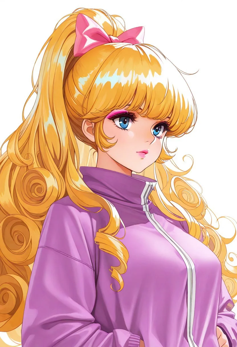 masterpiece, best quality, very aesthetic, absurdres,
1girl, upper body, solo, video \(jem and the holograms\), retro artstyle, 1980s \(style\), blue eyes, blonde hair, long hair, curly hair, high ponytail, makeup, pink lips, BREAK,
hair bow, purple jacket, long sleeves, white background,
az-ys-il,
