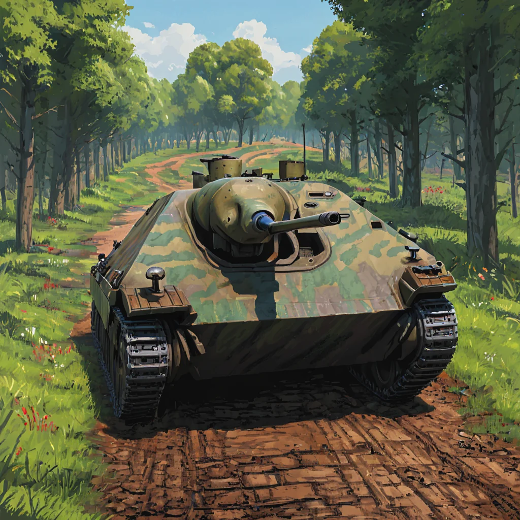 At the edge of a forest in Normandy, a htztnk tank lies hidden, its gun trained on a distant road used by Allied convoys. The lush greenery of the French countryside provides natural camouflage, showcasing the Hetzer's role in ambush tactics following the D-Day invasion ((pulp_comic, heavy_lines, hand_drawn, hand_inked, hand_colored, perfect_face, apxlz))