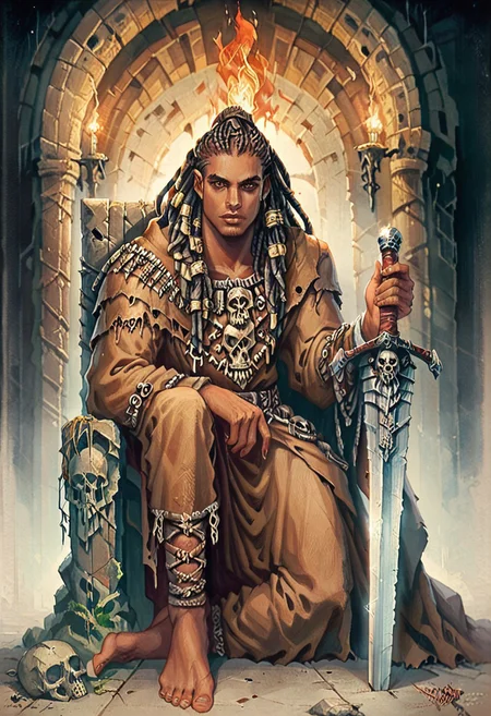 score_9, score_8_up, score_7_up, oblivionarts, solo, 1boy, warrior, ((african male)), brown eyes, muscular, long dread locks, loose dread locks, barbarian garb, sitting on throne of skulls, Skulls for the Skull Throne, piles of skulls, bored expression, holding sword point down, planted sword, large sword, plain broadsword, dark room, torch lit, abandoned temple, traditional art, medieval, <lora:Oblivion:.6>
