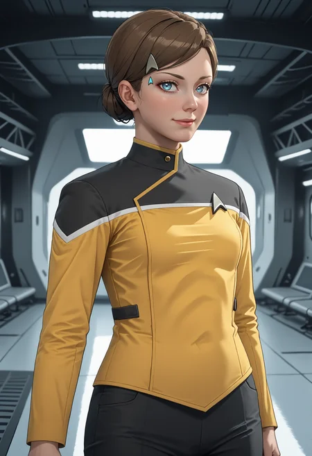 score_9, score_8_up, score_7_up, source_anime, light smile, dynamic pose, dynamic angle, sideways glance,
BREAK
<lora:KaraDBH:0.85> 1girl, short hair, brown hair, hair bun, single hair bun, blue eyes, lips, small breasts, (slim hips:1.1), (skinny:1.2), slender, athletic,
BREAK
<lora:STTLPony:1> sttldunf star trek black and yellow uniform, black pants, (yellow top:1.1),
BREAK
<lora:zy_Detailed_Backgrounds_v1:1>, indoors, hangar, polished floor, science fiction, spacecraft interior,
BREAK
volumetric lighting, depth of field, cinematic, vibrant, shadows, detailed, high contrast,âââ <lora:vivid_everclear:0.3>,âââ