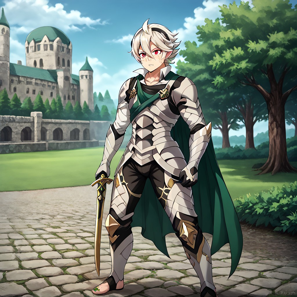 masterpiece, best quality, sharp aliasing, highly detailed, 1male, male body, male,EPfeCorrin, dark green cape, armour, dark green gloves, black pants, wearing pants, outdoors, evening, stone ground, tree, bush, buildings, windy, barefoot, toeless legwear, armoured legwear, armoured arms, shin armour, leg armour, leg and shin armour, shin guards, stirrup legwear, dark green stirrups, 5 toes, Quality, High Definition, Full body view, solo, slimes_sanemi, scar, scars, scar on face, scar on chest, scar on forehead, white hair, muscular, red eyes, slit eyes, pointy ears, standing, green sword, sword stance, green toenails, dirty feet