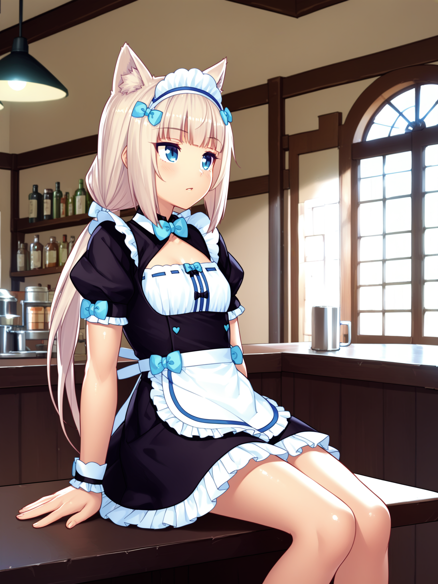 <lora:happy_tentacle-vanilla-v0.1-000010:0.9>, ht_vanilla, black dress, maid, maid headdress, waitress, ribbon-trimmed clothes, waist apron, cleavage cutout, bow, bowtie, short sleeves, puffy sleeves, wrist cuffs, frills, hair ribbon, ribbon trim, cafe , 1girl, solo, cowboy shot, thighs , , exhausted , , looking up , sitting , from side , score_9, score_8_up, score_7_up, score_6_up, score_5_up, score_4_up