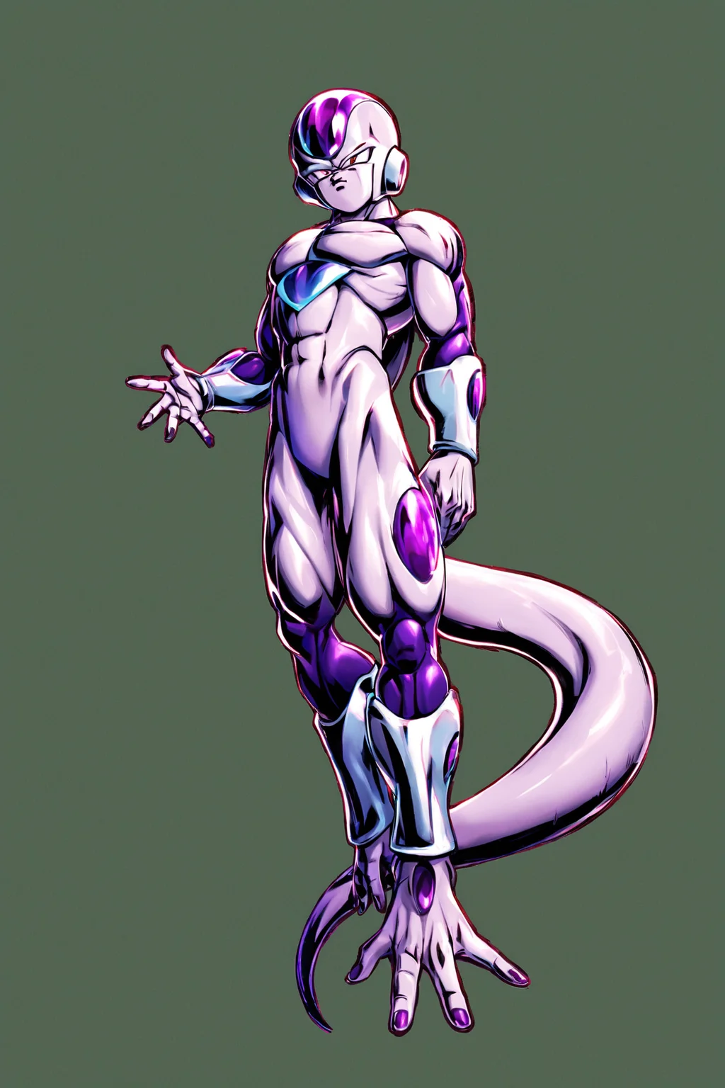 Frieza,1boy,male focus,tail,solo,white background,simple background,fingernails,standing,full body,<lora:Dragon Ball_XL:0.8>,