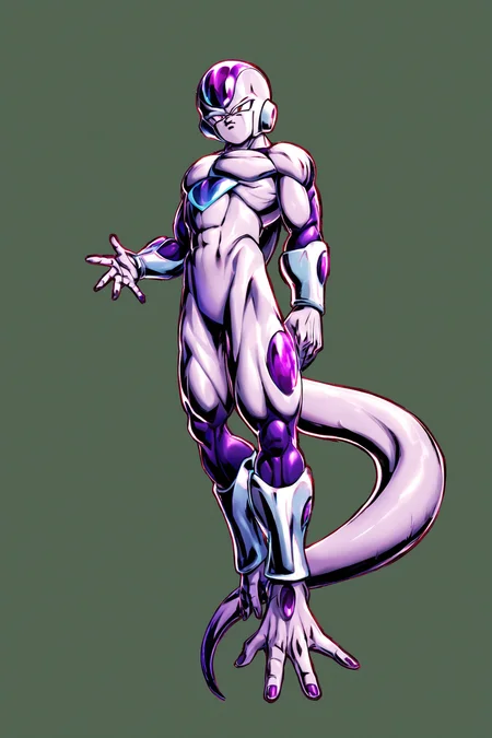Frieza,1boy,male focus,tail,solo,white background,simple background,fingernails,standing,full body,<lora:Dragon Ball_XL:0.8>,