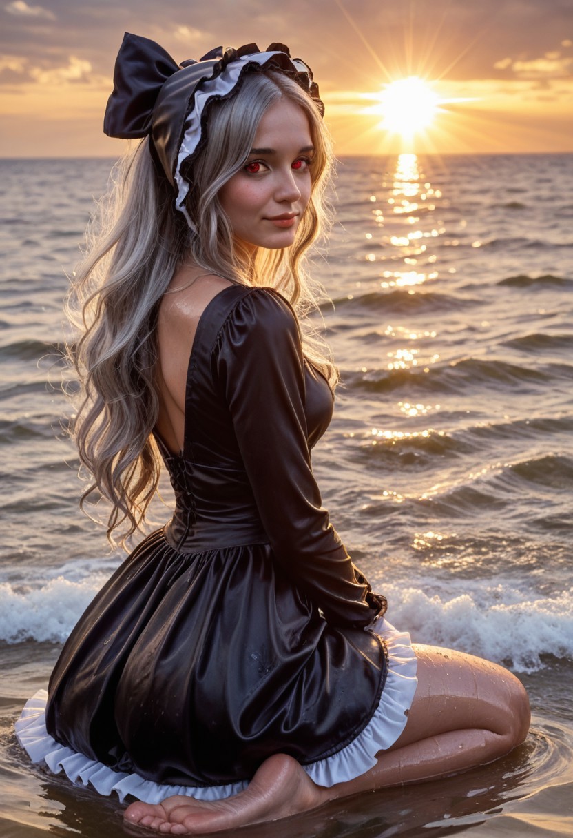 score_9, score_8_up, score_7_up, score_6_up, (highest quality), ((photorealistic:1.2)), SkinHairDetail, realistic, 8k uhd, HDR, dslr, Fujifilm XT3, (masterpiece:1.4), real life photo, blushing, shiny skin, cute pose, late afternoon light, god rays, volumetric lighting, vivid colours, 18 year old, small waist, big ass, sweaty, wet, medium breasts,
shalltear, grey hair, long hair, red eyes, silver hair,
black dress, bonnet, bow, dress, frilled dress, frills, large bow, long sleeves, vampire,
Beach, calm ocean, water surface ripples, cloudy, sunset, Partially submerged, 
kneeling, 1girl, rear view, looking back, looking at viewer, embarassed smile, shy, foot focus