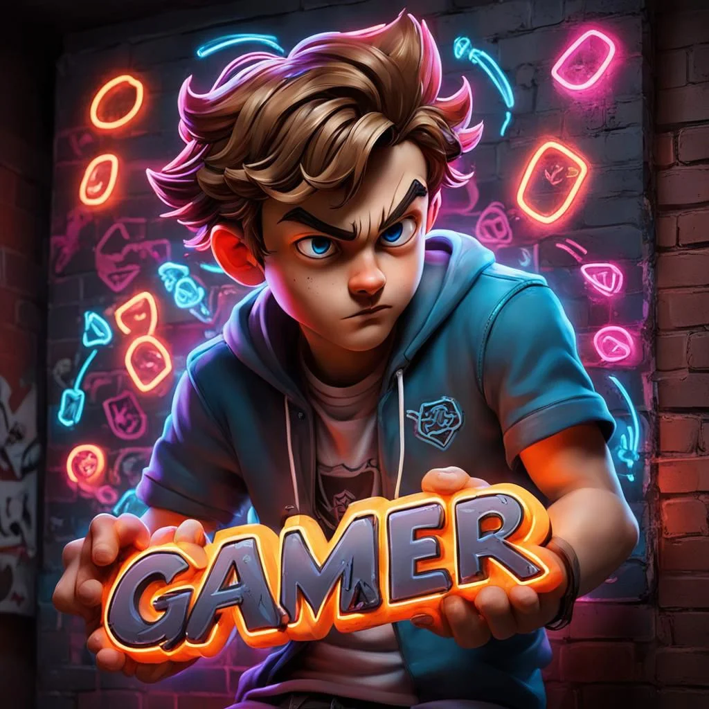 pc gamer boy , graffiti neon images of a neon lit sign with the text 'Gamer'