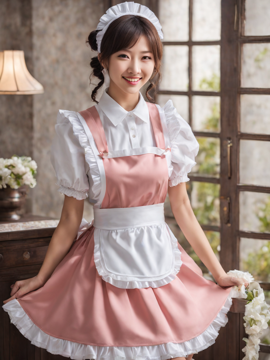 breathtaking beautiful woman, photograph, (maid), full body, smiling, twintails, cute pose, <lora:xl_cute_maid_dress-1.0:0.8> . award-winning, professional, highly detailed