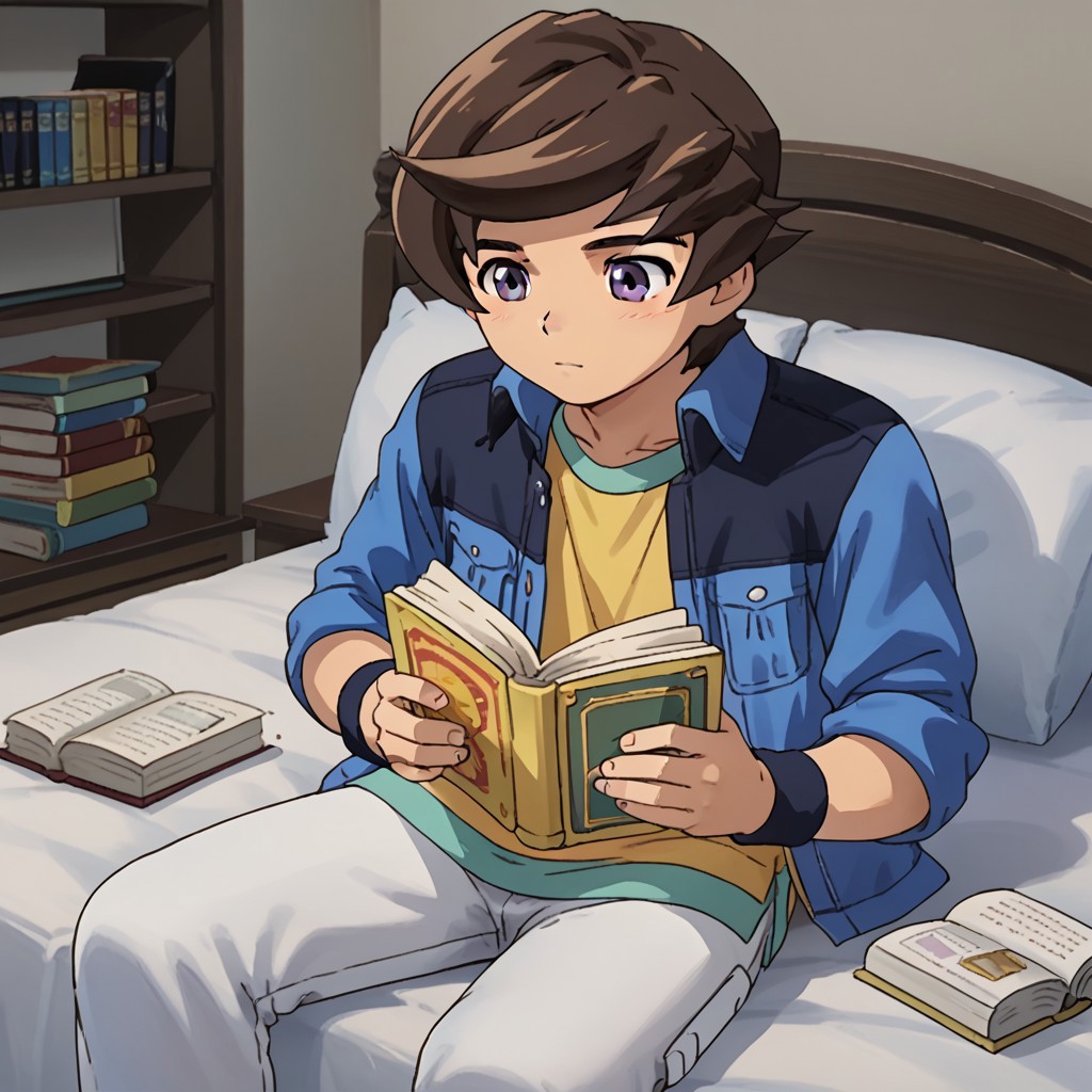 score_9, score_8, score_7,  break, solo, riku_t, 1boy, brown hair, purple eyes, jacket, shirt, pants, wristband, on bed, book, reading, cute,
