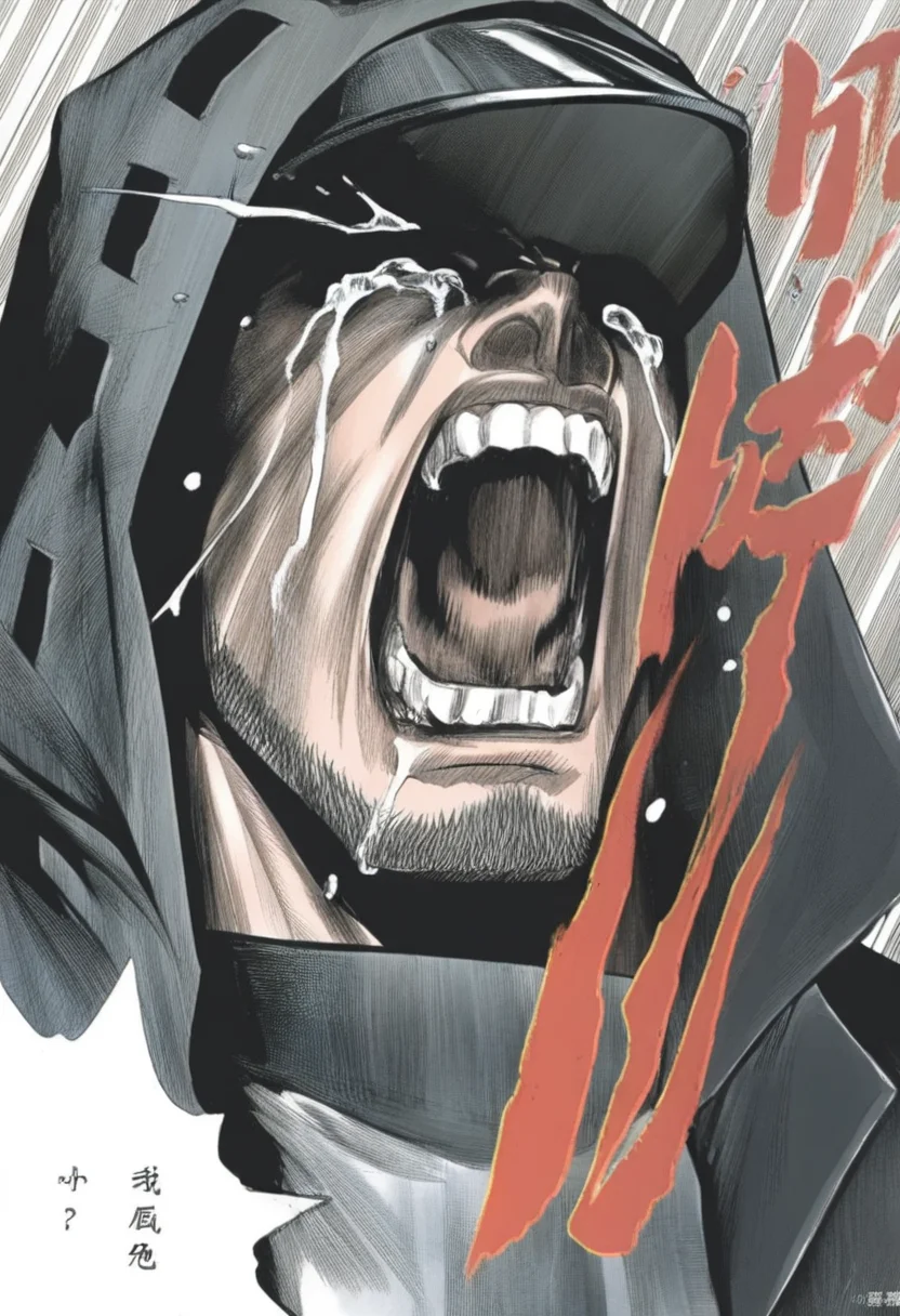 solo,(doctor \(arknights\):1.2),muscular male,open coat,black coat,hood,
haihu,1boy,male focus,teeth,open mouth,facial hair,solo,crying,
masterpiece,best quality,high definition,ultra-detailed,<lora:haihu-000090:1>,haihu,