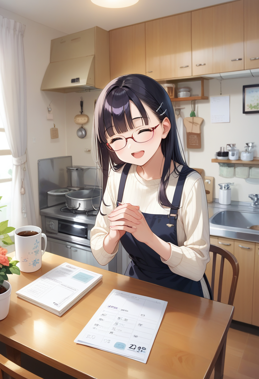 score_9, score_8_up, score_7_up, rating_safe, masterpiece, best quality, absurdres, unity 8k wallpaper, official art, official style, source_anime, uncensored, game cg, megami magazine,
1girl, solo, glasses, black hair, long hair, white ribbed sweater, black apron,  happy, smile, looking at viewer, closed eyes, open mouth, own hands together,
JPkitchen, calendar (object), chair, indoors, scenery, window, sink, wooden table, lamp, kitchen, curtains, cabinet, clock, cofee mug, coffee, 
<lora:JP_kitchen_PONY_V1:1>