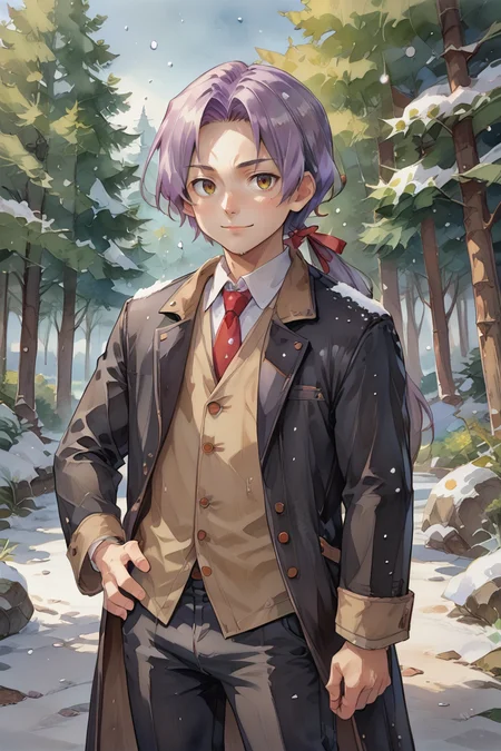 score_9, score_8_up, score_7_up, score_6_up, source_anime, BREAK, <lora:Russell:0.85> , rusdef, 1boy, purple hair, long hair, ponytail, low ponytail, hair ribbon,  hand on hip, black coat, thick coat, layered clothing, black jacket, black trousers, (looking at viewer), smile, closed mouth, cowboy shot, exterior, forest, trees, winter, snowing, <lora:backgroundsetXL:0.6> , background,  <lora:Watercolor Anime Style LoRA_Pony XL v6:0.7> , watercolor \(medium\), traditional media,