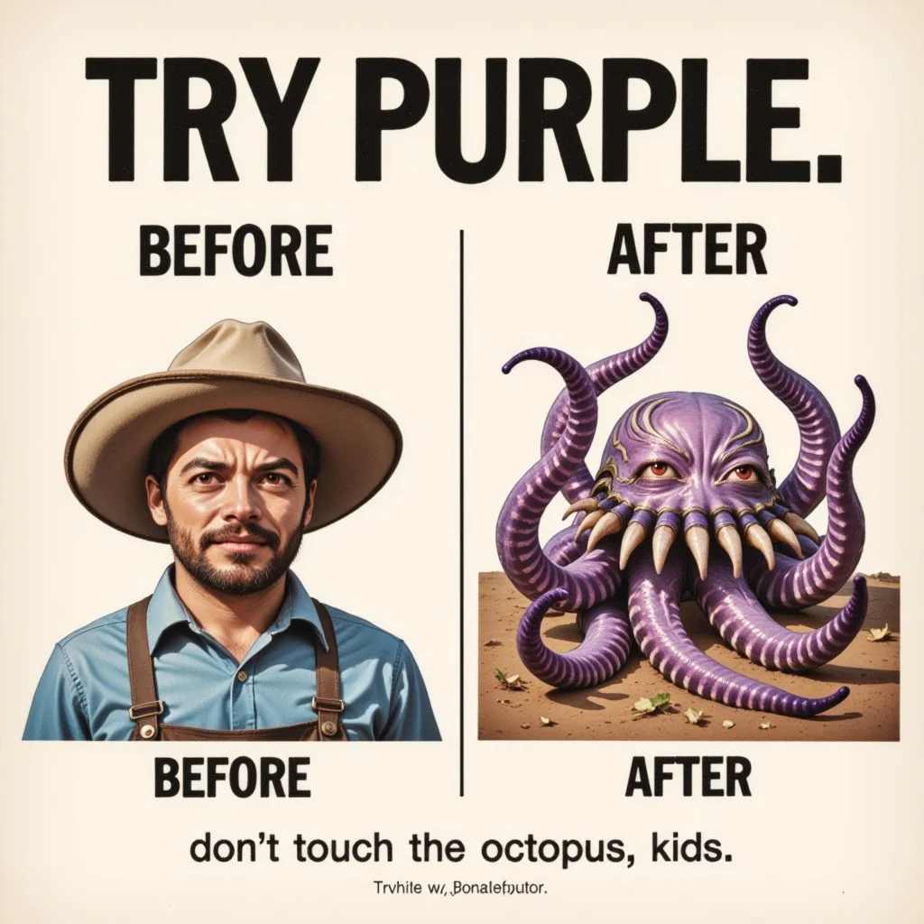 w1z_b4-4ft3r, vintage 'before & after' ad. The headline reads "TRY PURPLE" in bold typography. The ad features a dramatic before-and-after comparison. The “BEFORE” image shows a sad face of a farmer. In the “AFTER” image, a 8-tentacled purple octopus. A small text at the bottom says "don't touch the octopus, kids".