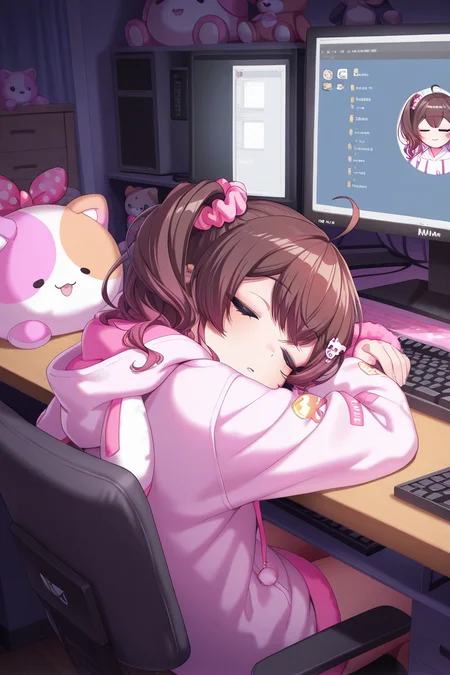 masterpiece, best quality, amazing quality,
<lora:Muni_IL:1> muni, 1girl, virtual youtuber, sleeping, brown hair, hood, closed eyes, keyboard (computer), solo, scrunchie, ahoge, hoodie, hair ornament, desk, stuffed toy, bangs, indoors, monitor