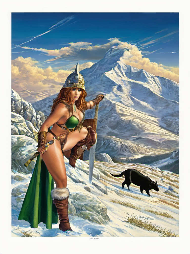 fantasy illustrations of by Elmore_Style_LX , Witches and warriors, sexy, skimpy, slutty, supermodel witch, adventure, cinematic, epic outdoor location, fantasy illustration, cinematic scene by forgotten realms, 1woman barbarian, skimpy armor, Huge breasts, bikini armor, sexy barbarian nude , with sword with a magic items, in the background epic winter sunset Fantasy masterpiece by Larry Elmore , dragonlance , <lora:Elmore_Style_LX-000010:0.7>
