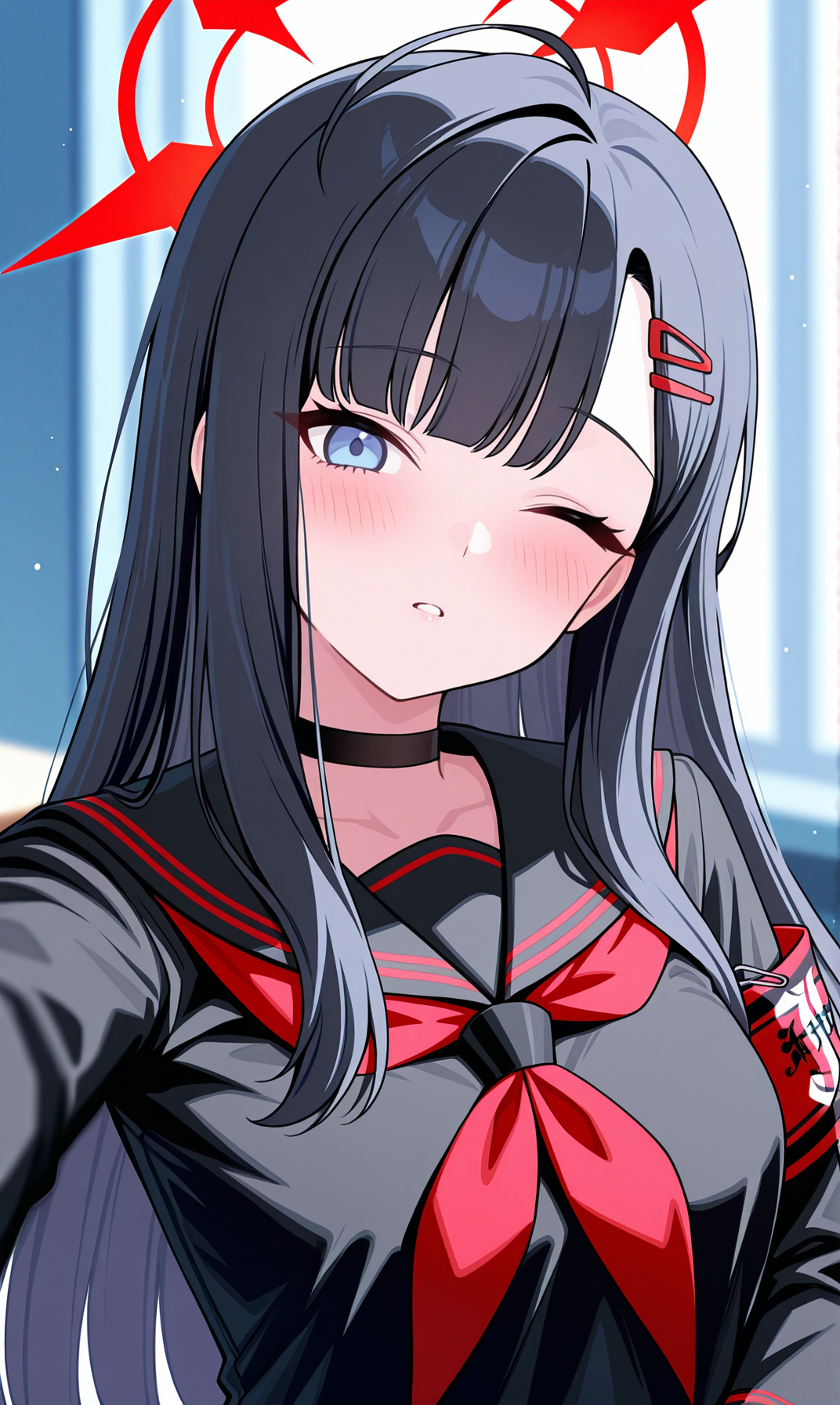 masterpiece, best quality, very aesthetic, absurdres, BREAK, 1girl,  armband, black choker, black gloves, black hair, black sailor collar , black serafuku,  blue archive,  blue eyes,  blurry blurry background, blush, choker, gloves, hair ornament, hairclip , halo, head tilt,  ichika_(blue_archive),  long hair,  long sleeves,  looking at viewer, neckerchief ,one eye closed, parted lips, red armband, red halo, red neckerchief, safety pin,  selfie,  serafuku, solo, upper body, <lora:Blushedarts_IL:1> blushedarts