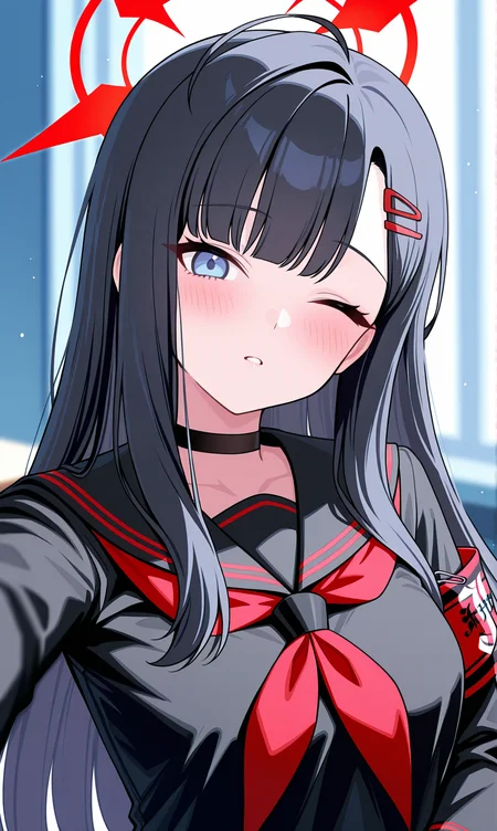 masterpiece, best quality, very aesthetic, absurdres, BREAK, 1girl, armband, black choker, black gloves, black hair, black sailor collar , black serafuku, blue archive, blue eyes, blurry blurry background, blush, choker, gloves, hair ornament, hairclip , halo, head tilt, ichika_(blue_archive), long hair, long sleeves, looking at viewer, neckerchief ,one eye closed, parted lips, red armband, red halo, red neckerchief, safety pin, selfie, serafuku, solo, upper body, <lora:Blushedarts_IL:1> blushedarts