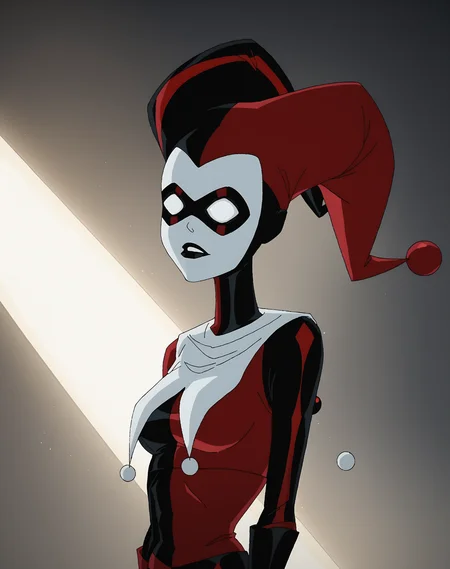 <lora:harleyQuinn-05:1> harleyquinn2004, 1girl, solo, jester cap, mask, white eyes, big eyes, bodysuit, red gloves, white gloves, facepaint,, score_9, score_8_up, score_7_up, masterpiece, high quality, 8K, cinematic lighting, glowing, volumetric lighting, detailed background, dramatic lighting, detailed subject,