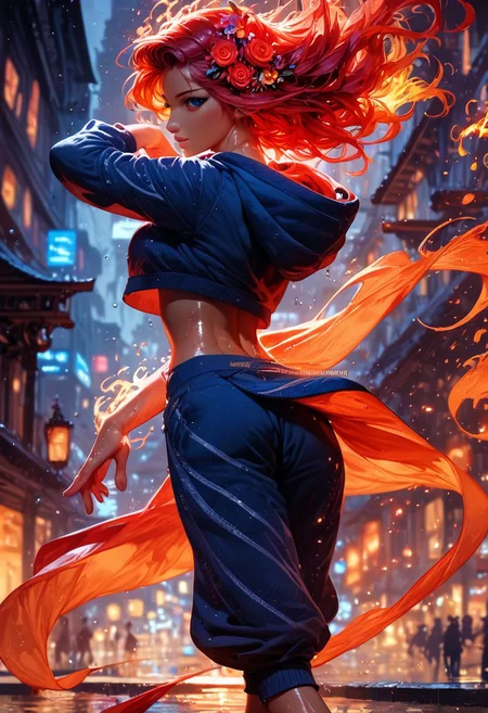score_9, score_8_up, score_7_up, 1girl, red hair, fire hair, flower hair, fire dancer, urbar clothes ,shirts, hoodies, sneakers, shiny skin, wet skin, long legs, dancing on a burning city , ballet dancing, city on fire, raining fire, perfect quality, high quality, photorealistic, dynamic pose, crawling to viewer BREAK orange and blue hue, beautyful face, (abstract:0.2), at night, fire particles, Long shot <lora:Expressive_H-000001:0.8>, expressiveH <lora:EpicF1reP0ny:0.9> <lora:Pony_DetailV1.0:0.9>