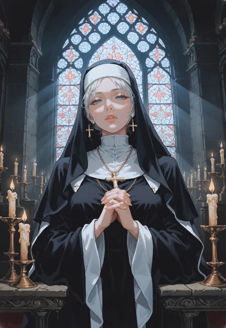 safe_pos, score_9, score_8_up, score_7_up, masterpiece, best quality, (ultra detailed background), highly detailed, fine details, ambient light, soft lighting,
BREAK
1girl, long flowing white hair, nun outfit, nun habit, mandarin collar, fur-trimmed felt cloak, decorative iron half mask, glossy lips, cross pendant, good composition, ethereal appearance, medium breasts, glamorous, half closed eyes,
(indoors:1.15), cathedral interior, looking at viewer, dynamic light, dynamic angle, detailed background, light rays, perspective, altar, candles, marble statue, dynamic background, warm tone, vermis style