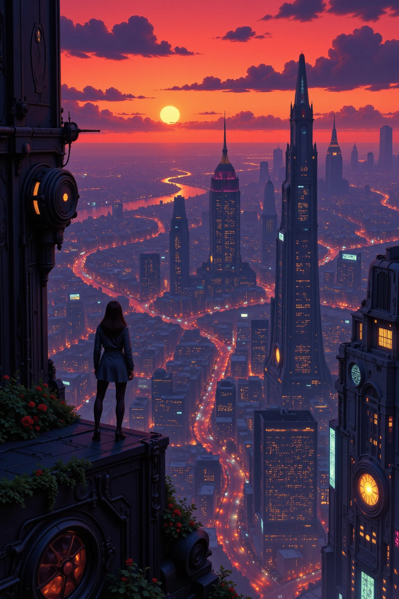 a futuristic sci-fi fantastic cyberpunk city beautiful  landscape, dusk, woman, very intricate, very detailed, sharp, bright, colorful, <lora:Hand v2:0.5> <lora:Anti-Blur:1><lora:Insane Detail Slider:0.25>  <lora:flux.1_lora_flyway_Epic-detail_v2:0.3> <lora:fluxenhancer:0.25> <lora:Anime_style:0.6> anime style