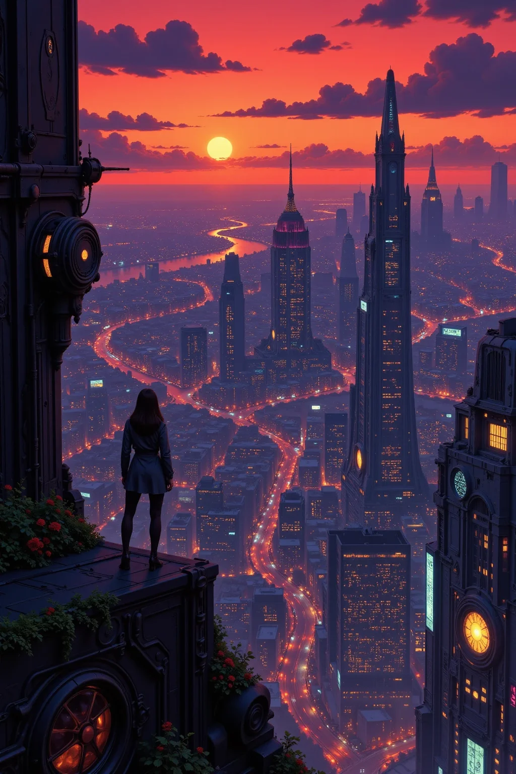 a futuristic sci-fi fantastic cyberpunk city beautiful  landscape, dusk, woman, very intricate, very detailed, sharp, bright, colorful, <lora:Hand v2:0.5> <lora:Anti-Blur:1><lora:Insane Detail Slider:0.25>  <lora:flux.1_lora_flyway_Epic-detail_v2:0.3> <lora:fluxenhancer:0.25> <lora:Anime_style:0.6> anime style