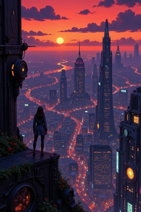 a futuristic sci-fi fantastic cyberpunk city beautiful landscape, dusk, woman, very intricate, very detailed, sharp, bright, colorful, <lora:Hand v2:0.5> <lora:Anti-Blur:1><lora:Insane Detail Slider:0.25> <lora:flux.1_lora_flyway_Epic-detail_v2:0.3> <lora:fluxenhancer:0.25> <lora:Anime_style:0.6> anime style