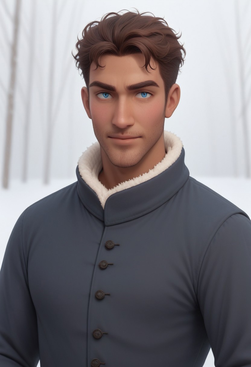 Arabian 25yo Naveen, 1boy, medium dark brown skin, slender manly body, combed medium brown hair, light blue eyes, facial expression loving, subtle beard stubble, snow parka, winter wear