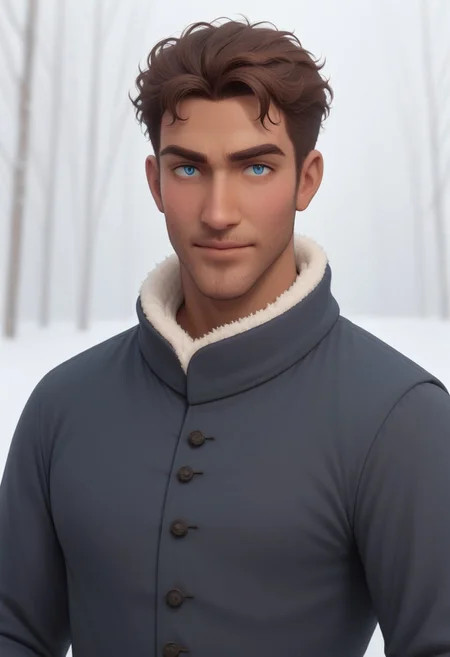 Arabian 25yo Naveen, 1boy, medium dark brown skin, slender manly body, combed medium brown hair, light blue eyes, facial expression loving, subtle beard stubble, snow parka, winter wear