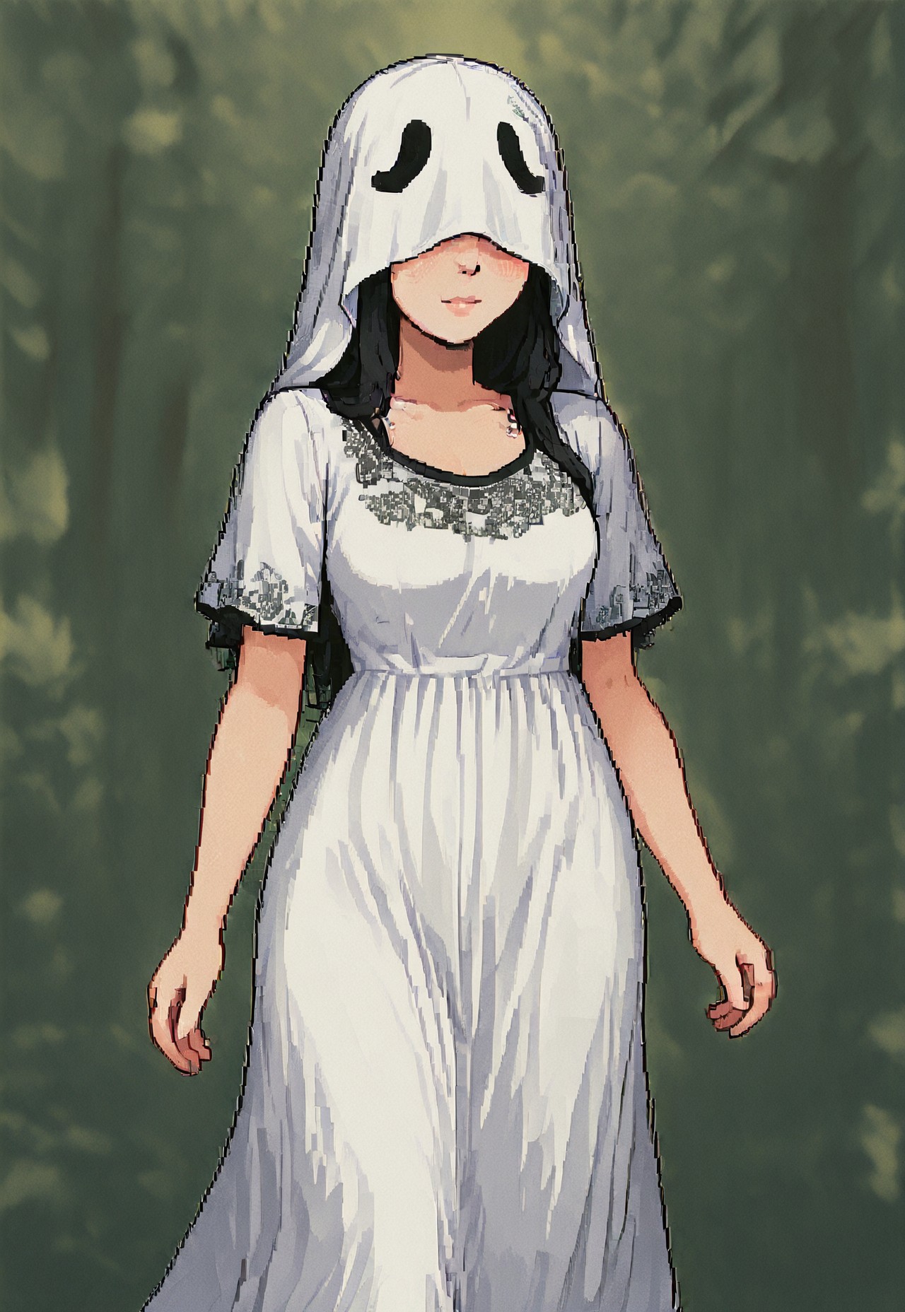 pixeldream, Whispa_OC, 1girl, rosy skin, long white dress with floral patterns and black trim,
