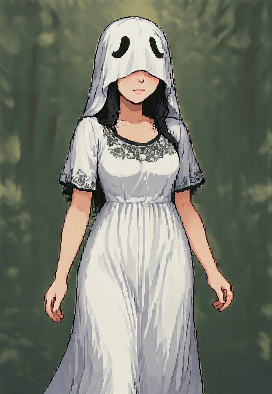 pixeldream, Whispa_OC, 1girl, rosy skin, long white dress with floral patterns and black trim,