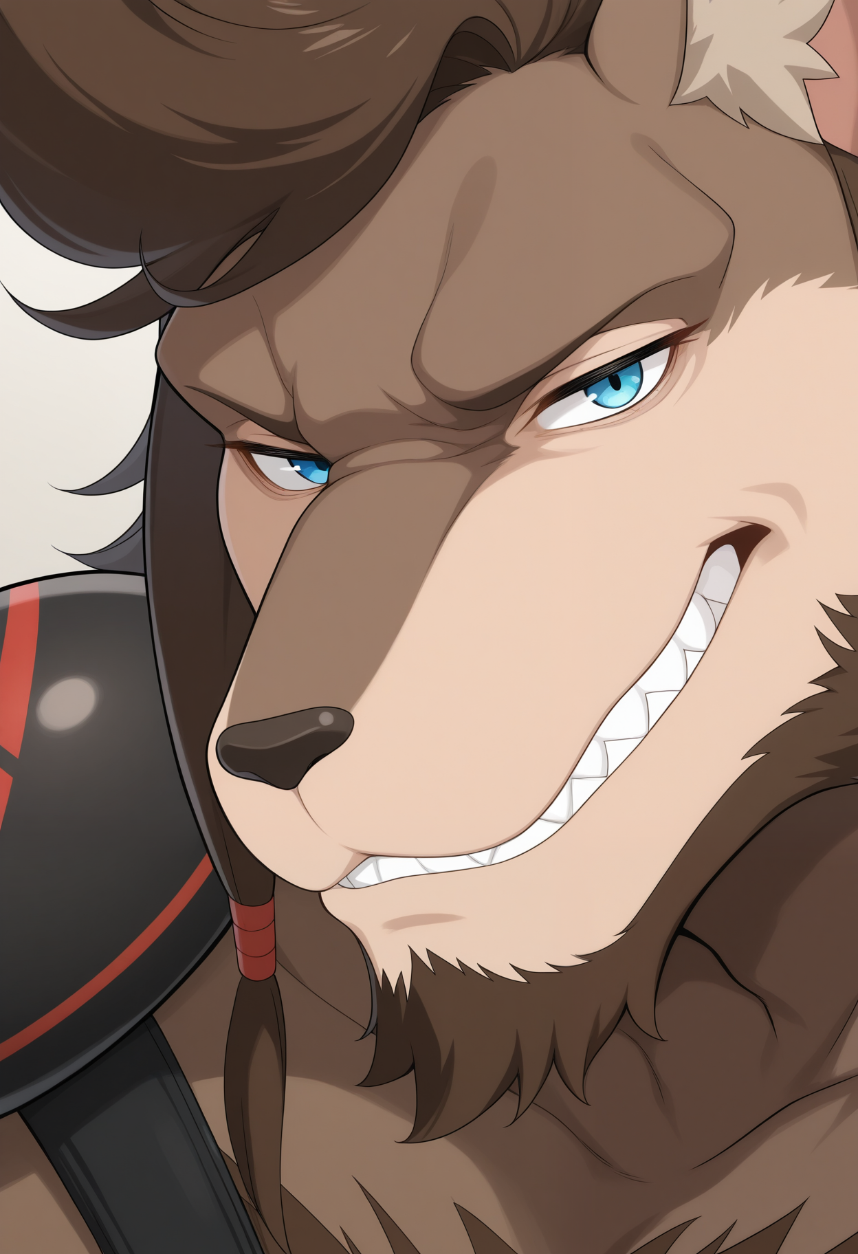masterpiece,best quality,amazing quality, 1boy, solo, r1c4rd0, wolf boy, blue eyes, brown fur, brown hair, brown beard, single pauldron, close up, side angle, looking at viewer, smug, show teeth, 