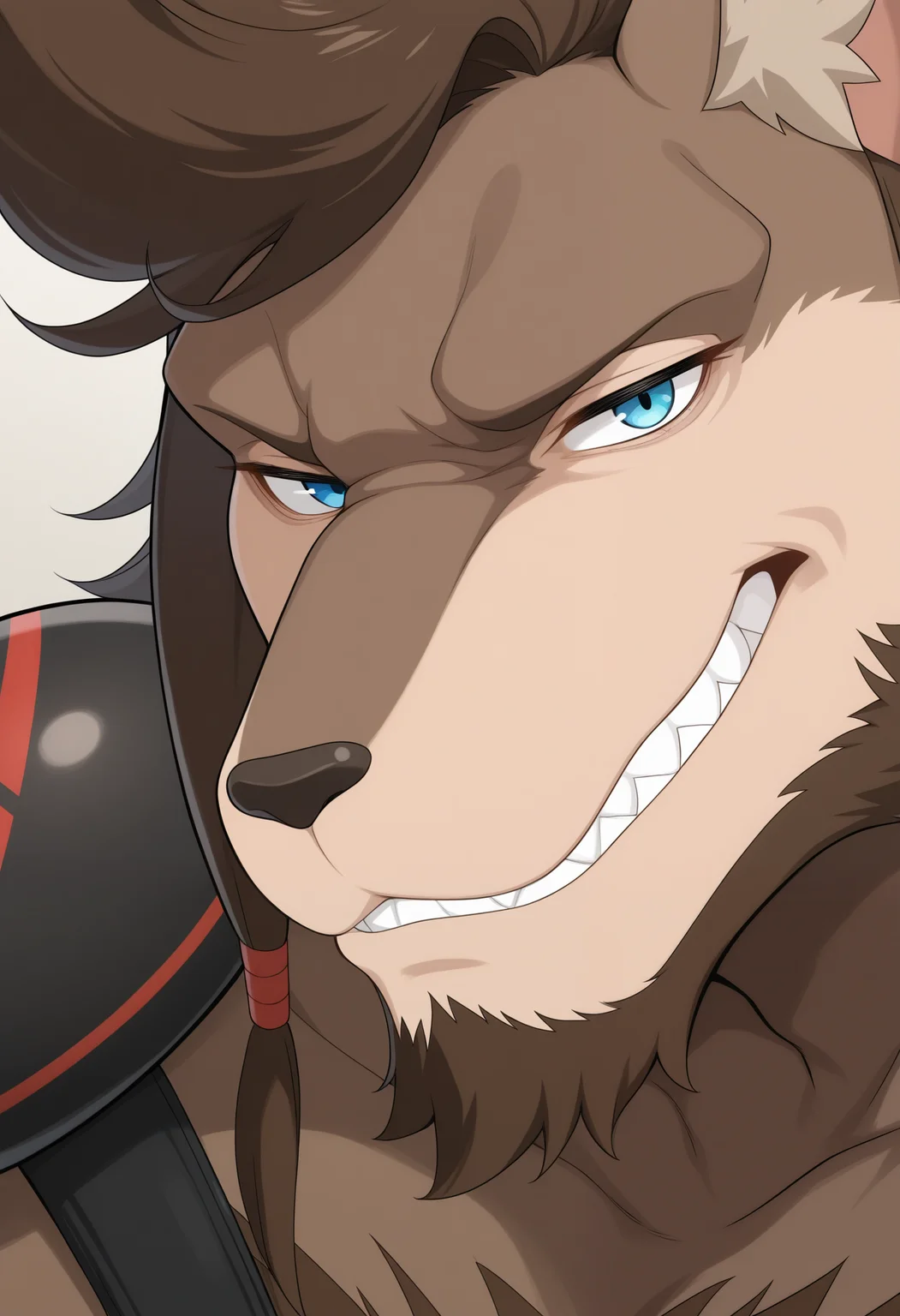 masterpiece,best quality,amazing quality, 1boy, solo, r1c4rd0, wolf boy, blue eyes, brown fur, brown hair, brown beard, single pauldron, close up, side angle, looking at viewer, smug, show teeth, 
