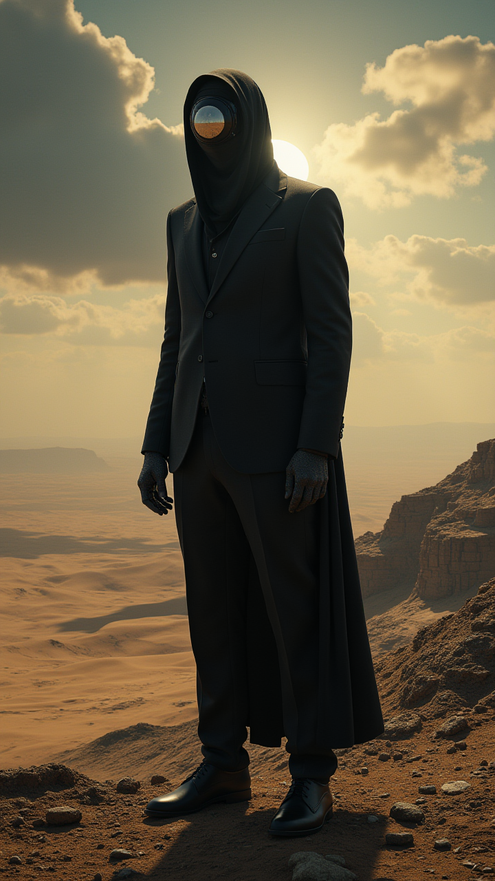 In a Shimmering landscape, a towering figure dressed in a black suit and One-Eyed stands on the edge of Meera African desert. aidmaMJ6.1