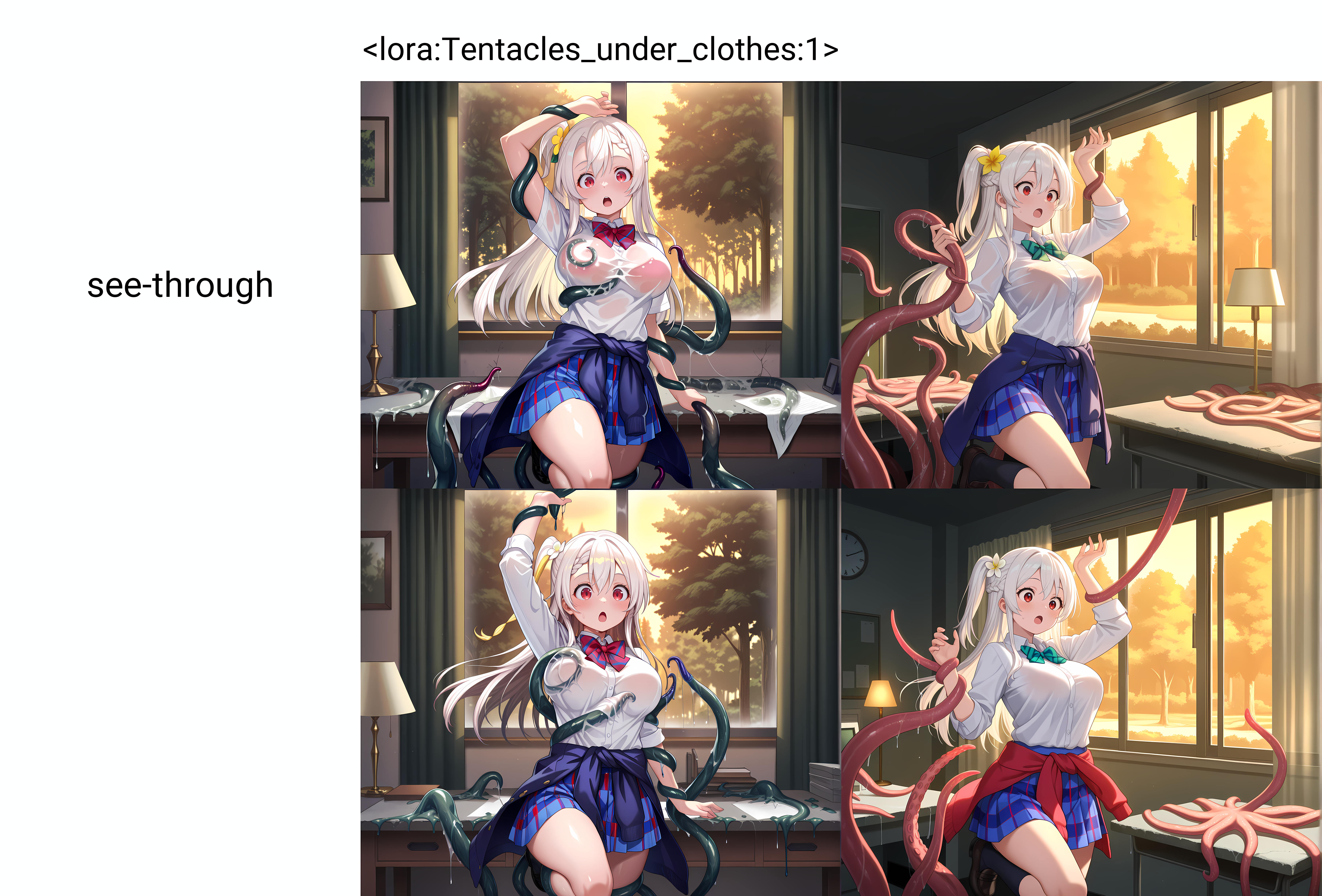 <lora:Tentacles_under_clothes:1>,tentacles under clothes,tentacle grab,tentacles around waist,tentacles under shirt,solo,forest,cowboy shot,1girl,long hair,side ponytail,half up braid,yellow hair flower,red eyes,white hair,indoors,window fog,curtains,desk,lamp,park,tree,flower,concrete,atmospheric perspective,dynamic lighting,cinematic pose,surprised,:o,tentacles,standing on one leg,arm up,evening,dappled sunlight,otonokizaka_school_uniform,see-through,sweater around waist,large breasts,slime \(substance\),, masterpiece,best quality,amazing quality, very aesthetic, absurdres,detailed eyes,ultra-detailed,