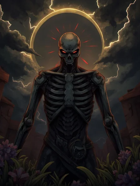 <lora:ck-LttleGhost-000011.safetensors:1> in the style of ck-lttlegh0stA dark, mechanized Reaper skeleton stands vigilant amidst a turbulent, stormy sky filled with jagged lightning bolts. A golden halo surrounds its skull, emitting red rays that cast an ominous glow. The foreground features small flowers, adding a surreal touch of serenity. The somber color palette and industrial aesthetic create a hauntingly beautiful image blending gothic and celestial elements.