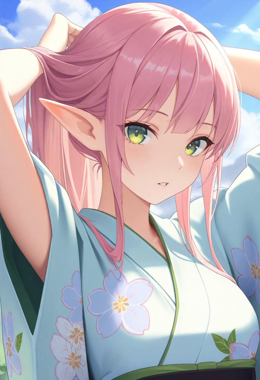 1girl, elf, sky, pink hair, long hair, small breasts, masterpiece, green eyes, parted lips, looking at viewer, kimono, floral print, outdoors, portrait, arms behind head, adjusting hair, cloud, volumetric lighting,