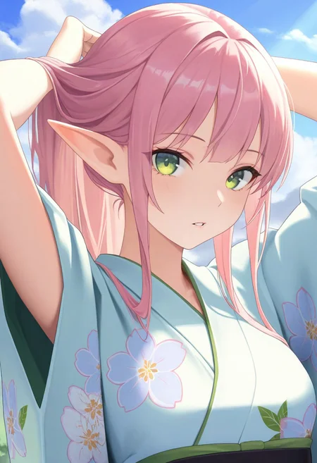 1girl, elf, sky, pink hair, long hair, small breasts, masterpiece, green eyes, parted lips, looking at viewer, kimono, floral print, outdoors, portrait, arms behind head, adjusting hair, cloud, volumetric lighting,
