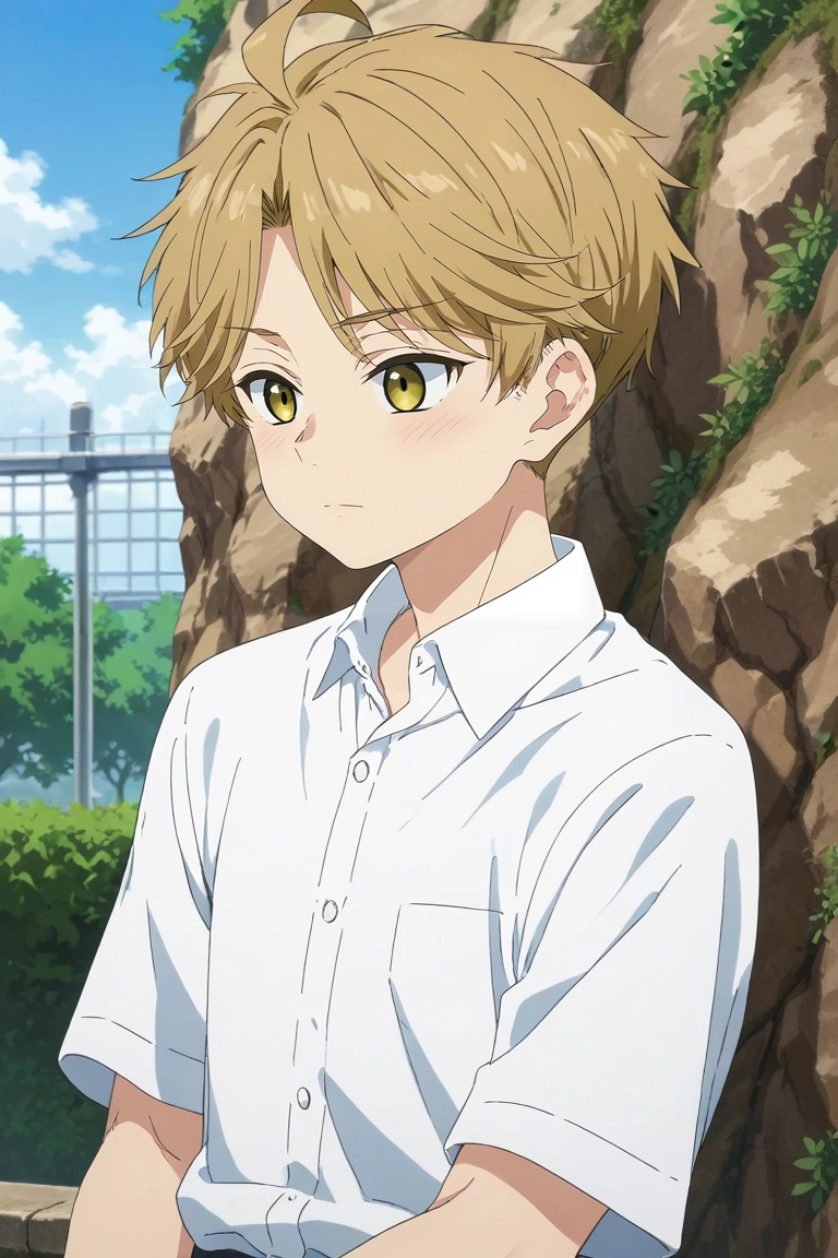 score_9, score_8_up, score_7_up, source_anime, rating_safe, intricate details, , , , 1boy, solo, male focus, <lora:yuuma_nikaidou_pony:0.98>, yuuma_nikaidou, blonde hair, yellow eyes, short hair, upper body, mont saint michel, day, sunny, legs up, shy, blush, , <lora:sdxl_lightning_8step_lora:1>