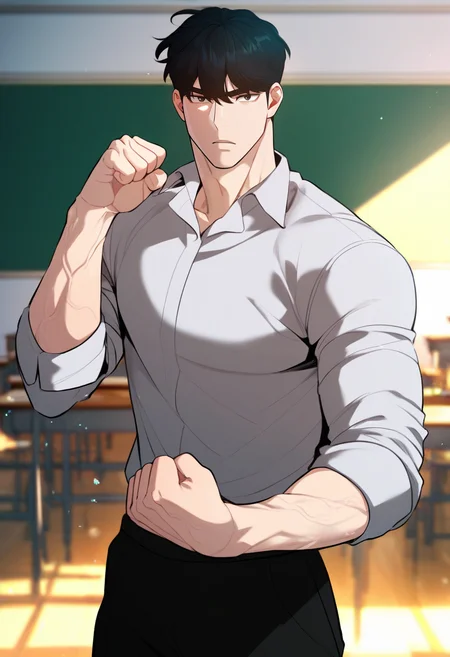 1boy, solo
<lora:Character - Designated Bully - Kwon Daegun:1> kwondaegun, black eyes, black hair, muscular, muscular male,
, zPDXL, score_9_up, score_8_up, score_7_up, score_6_up, score_5_up, score_4_up, best quality, normal aesthetic, absurdres, year2023, sfw, uncensored,
classroom, looking at viewer, school uniform, sleeves rolled up, fighting stance, standing, clenched hands,