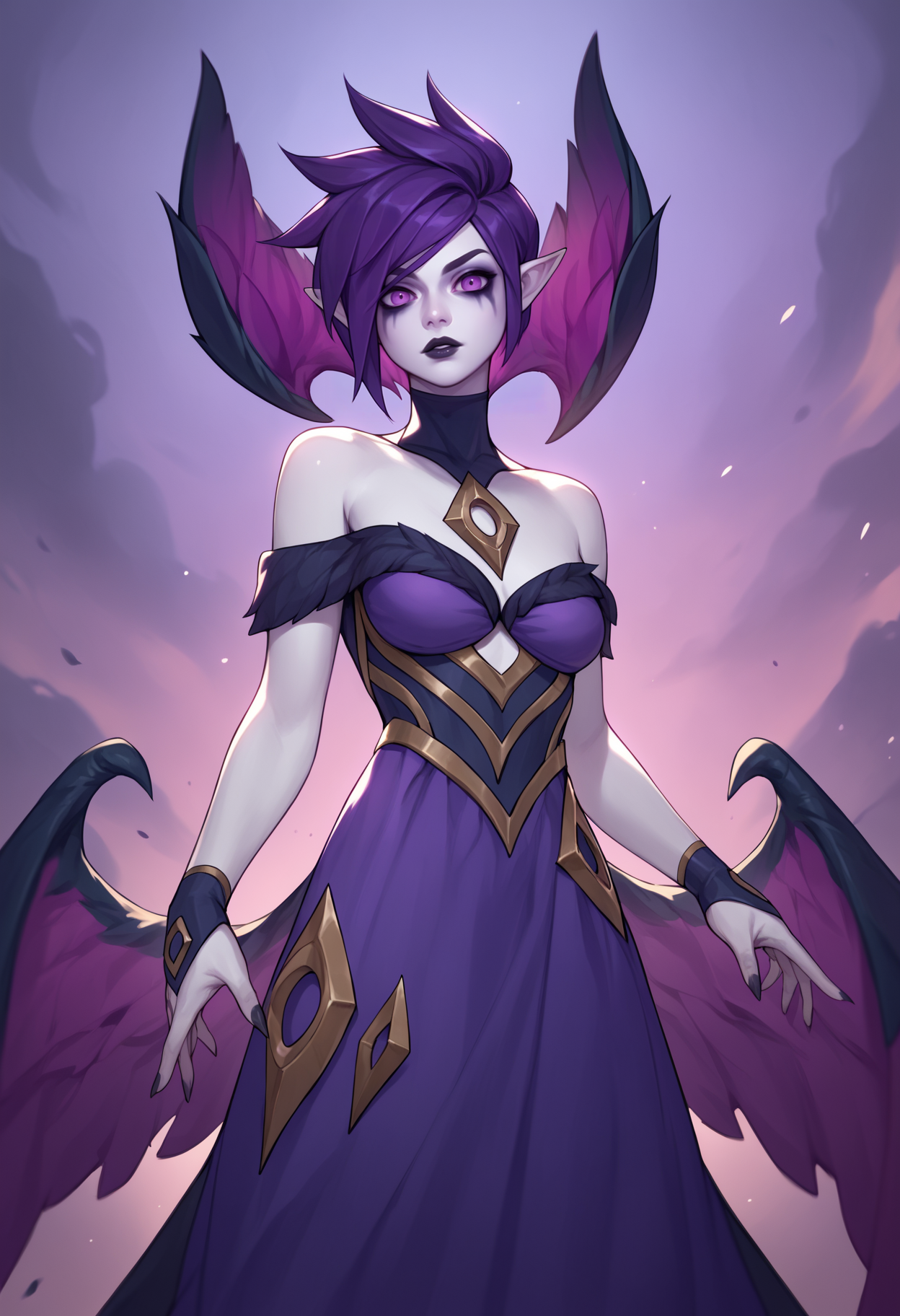 score_9, score_8_up, score_7_up, score_6_up, score_5_up, score_4_up, BREAK
1girl, morgana, purple hair, short hair, purple eyes, black lips, pointy ears, grey skin,
 dress, off shoulder, solo, wings, looking at viewer, cowboy shot, cinematic composition, contrapposto, pink and purple sky, purple cloud, pink mist <lora:MorganaXL:1>